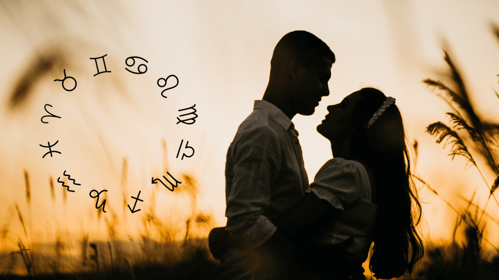 Dos personas frente a frente en un campo al atardecer con los signos del zodiaco