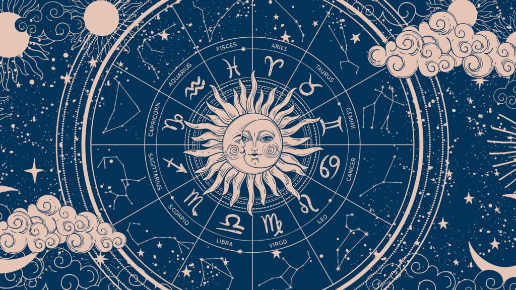 Rueda del zodiaco con los doce signos sobre un cielo estrellado