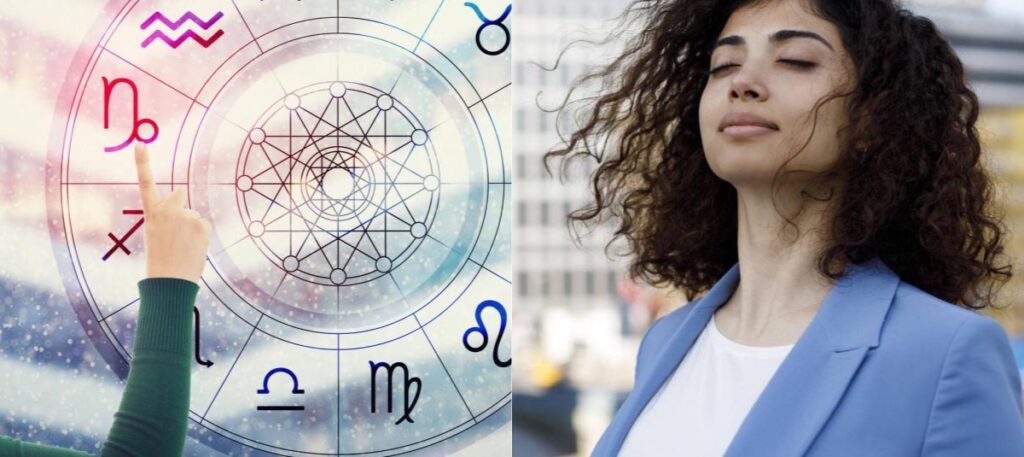 Una mano sostiene la rueda del zodiaco iluminada en azul