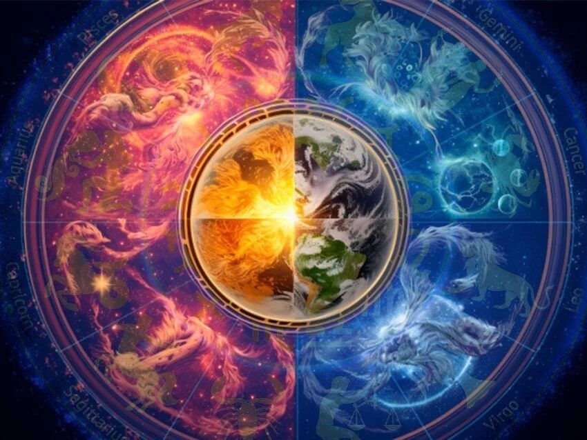 Dos corazones rojos en el centro de la rueda del zodiaco