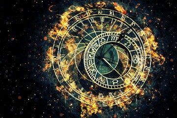 Rueda del zodiaco iluminada sobre una galaxia