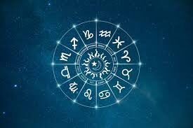 Rueda del zodiaco en tonos morados con los doce signos