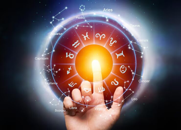 Rueda del zodiaco con los doce signos sobre un cielo estrellado