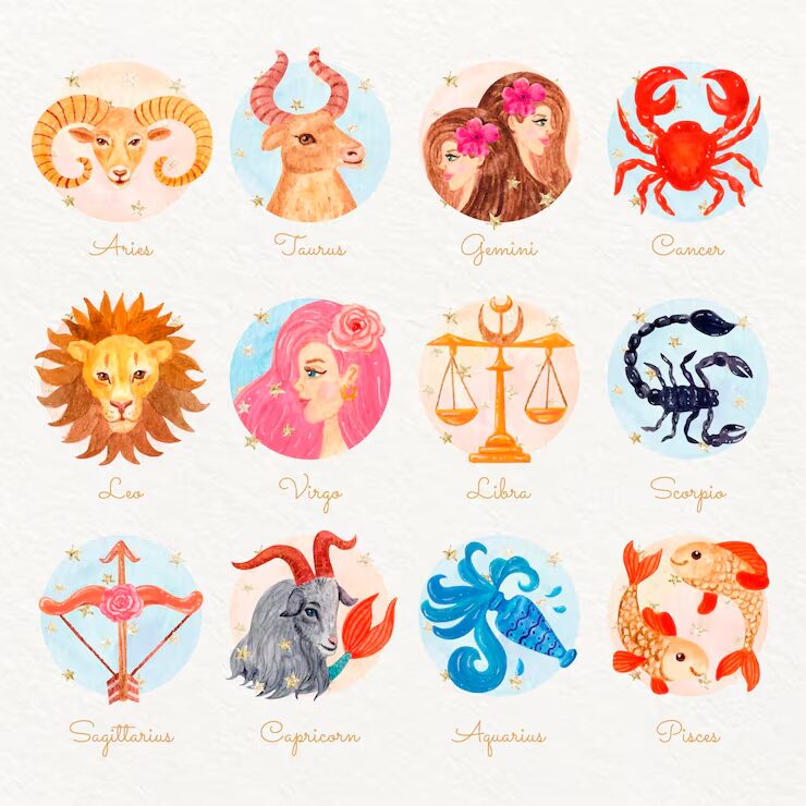Rueda del zodiaco con los doce signos sobre un cielo estrellado